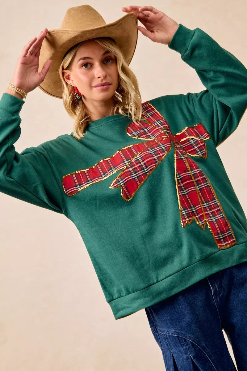 BiBi Plaid Ribbon Bow Detail Christmas Fleece Pullover OutfitFlow