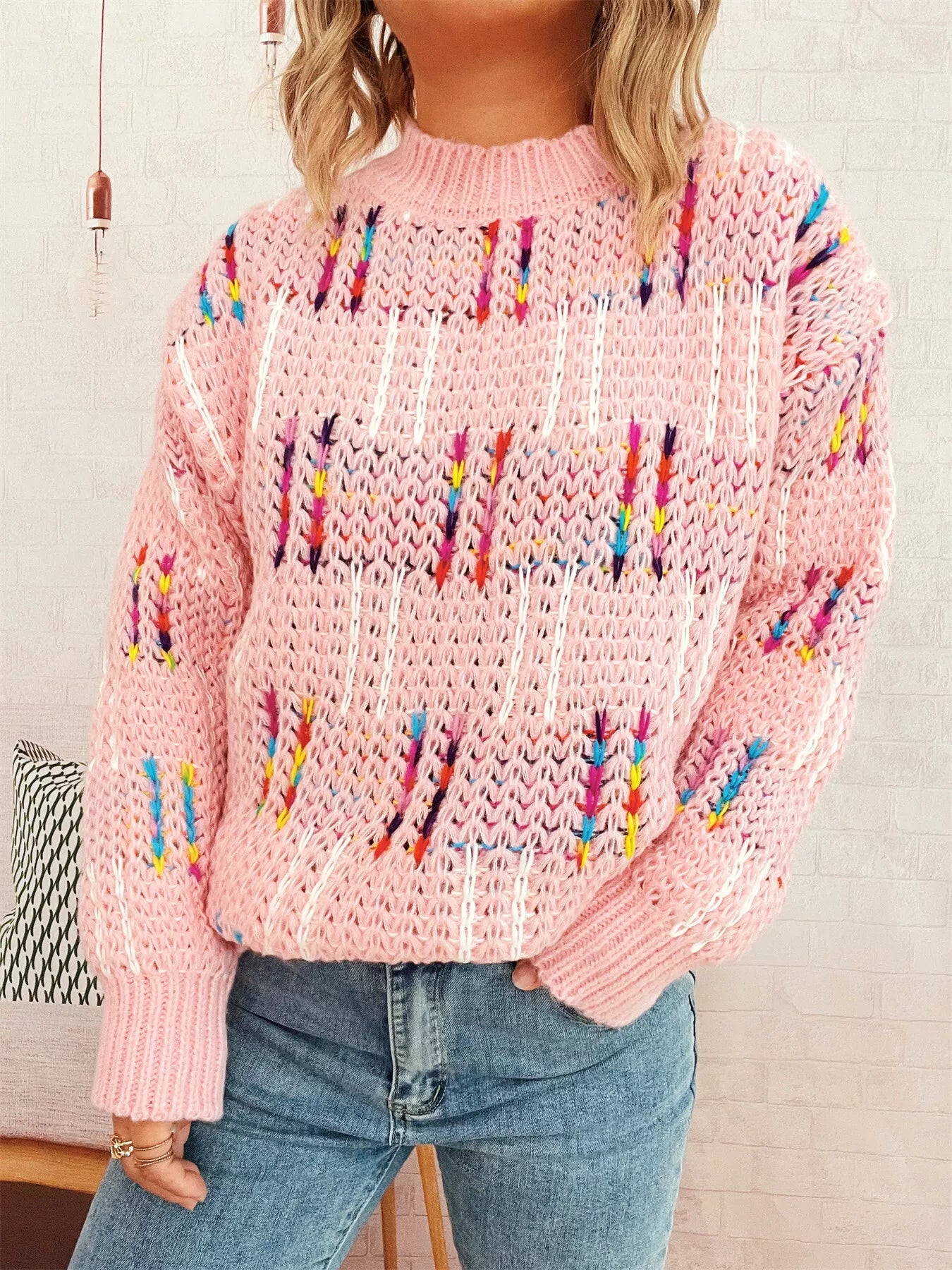 Colorful Round Neck Long Sleeve Sweater OutfitFlow
