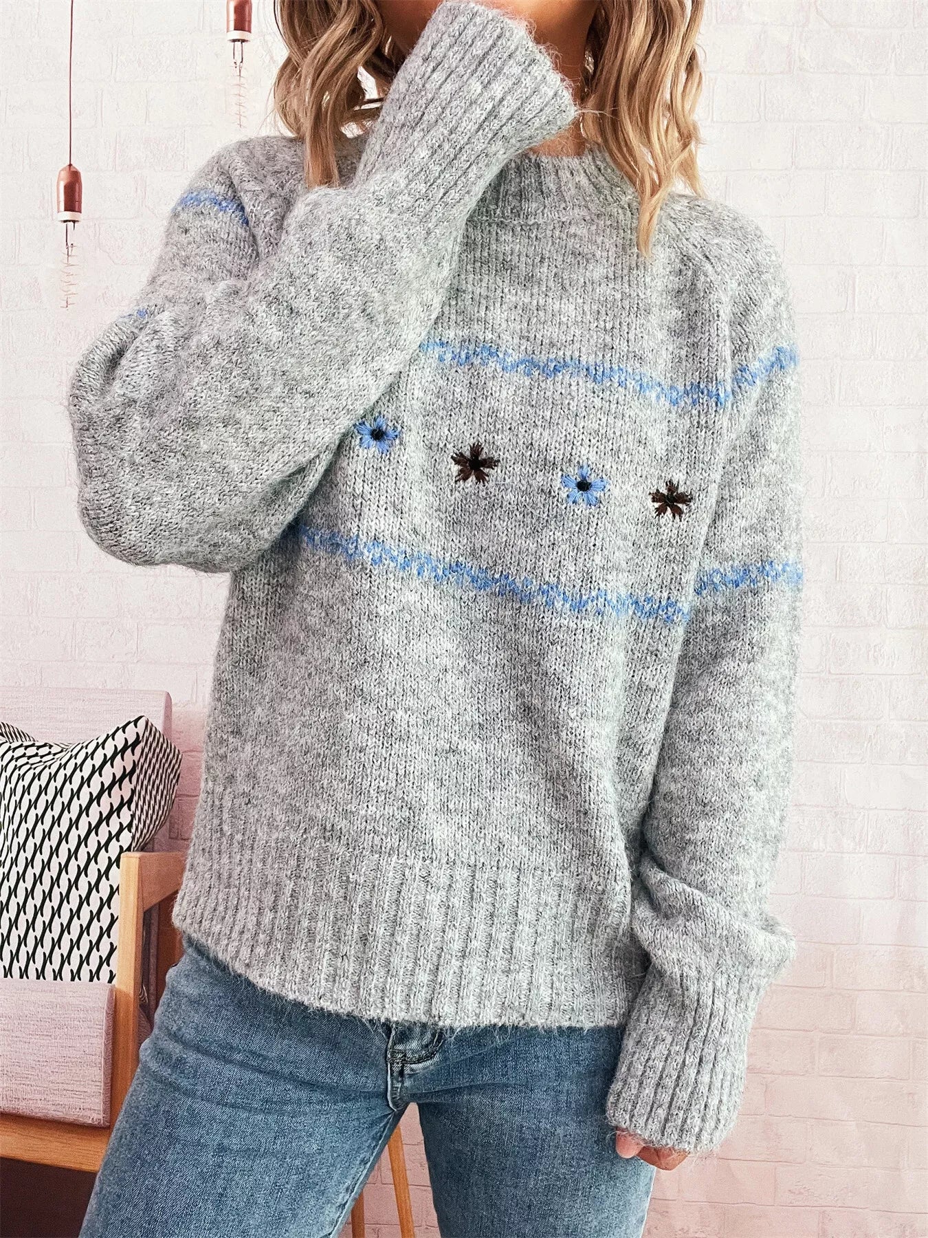 Ribbed Hem Flower Long Sleeve Sweater Light Gray One Size OutfitFlow