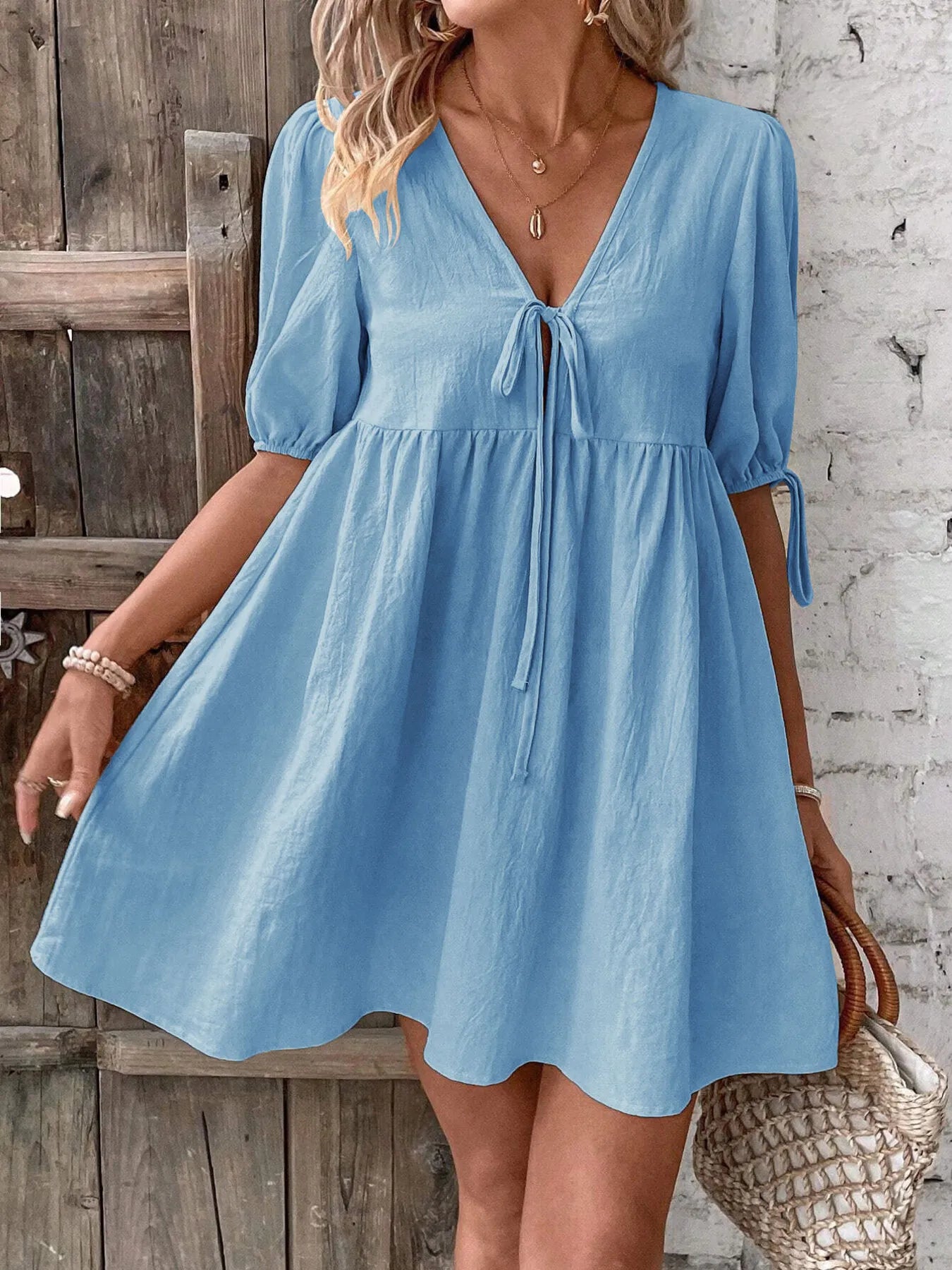 V-Neck Tie-Front Mini Dress with Puff Sleeves OutfitFlow