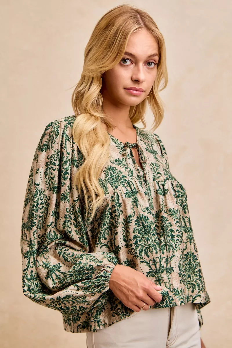 BiBi Printed Woven Front Tied Blouse with Baloon Sleeve OutfitFlow