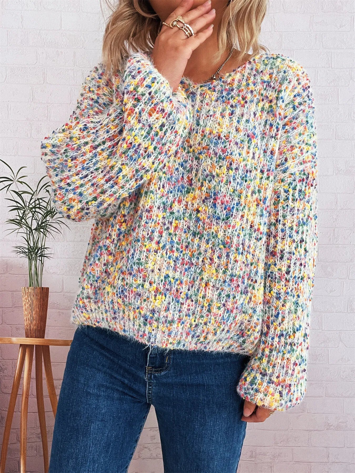 Colorful Long Sleeve Sweater Yellow One Size Trendsi