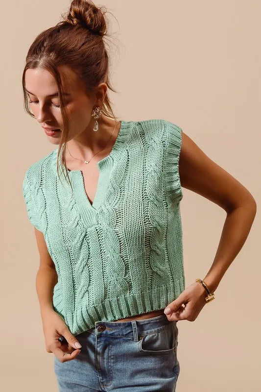 SO ME Notched Neck Cable Knit Sweater Vest OutfitFlow