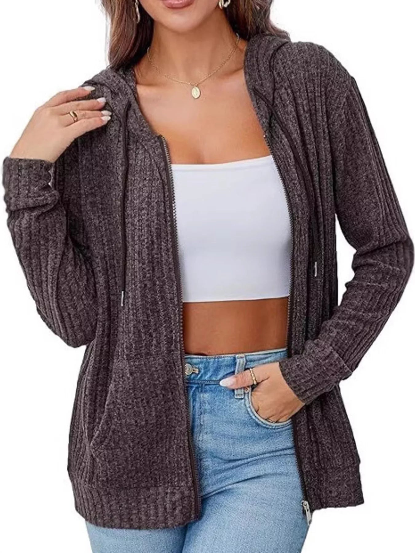 Ribbed Zip Up Hooded Outerwear Trendsi