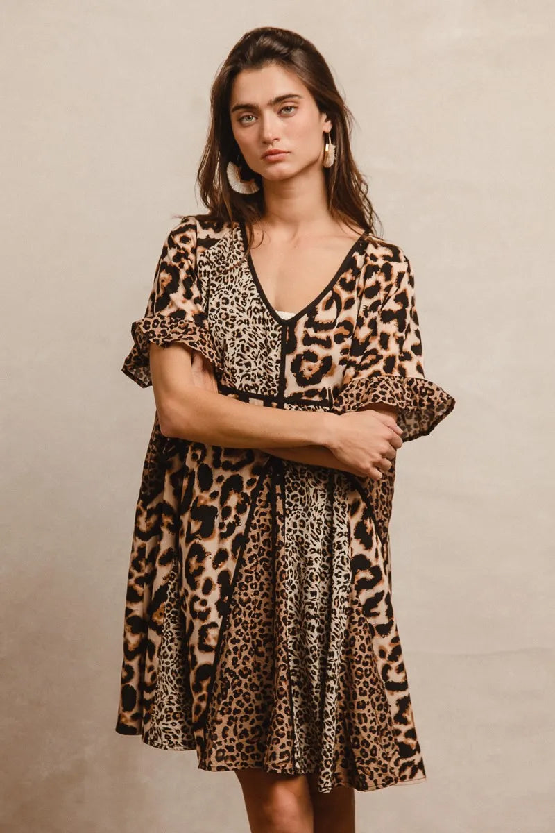 BiBi Leopard Prints Mix and Match Short Sleeves Dress OutfitFlow