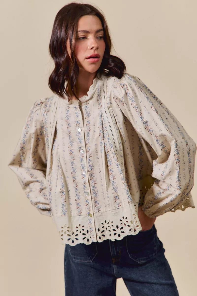SO ME Floral Print Lace Button Down Shirt OutfitFlow