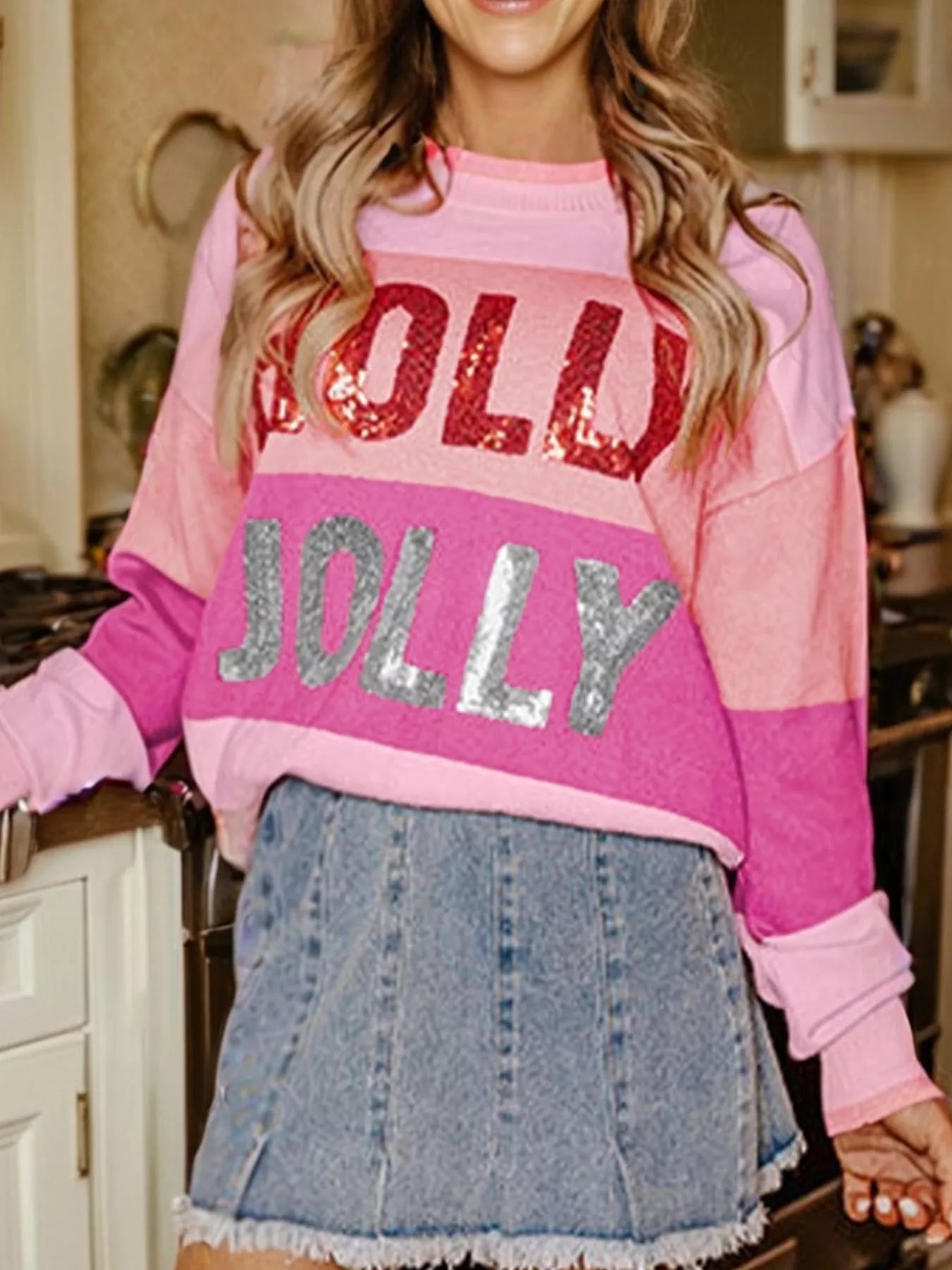 Sequined HOLLY JOLLY Color Block Crew Neck Sweater OutfitFlow