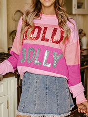 Sequined HOLLY JOLLY Color Block Crew Neck Sweater OutfitFlow