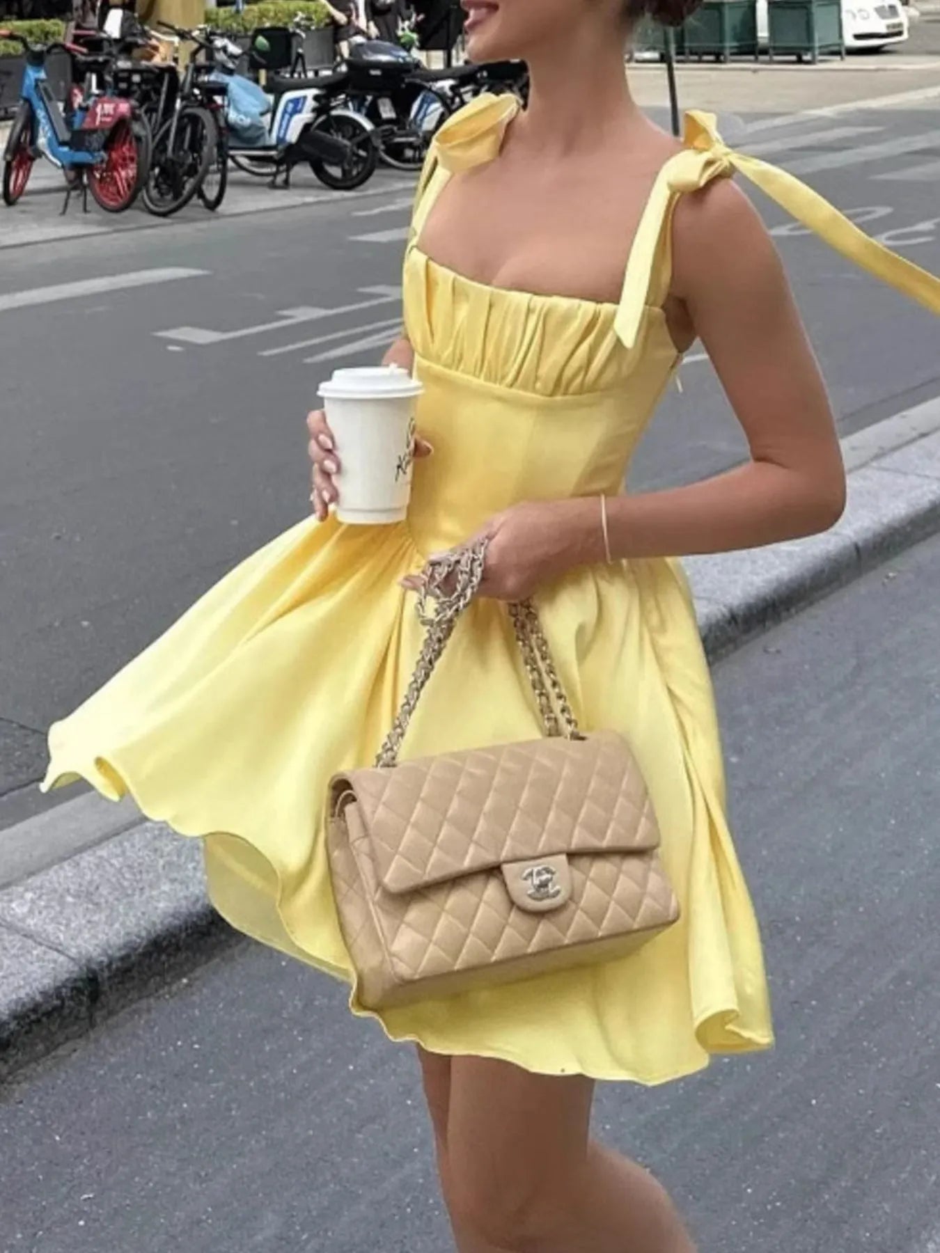 Tie-Shoulder Square Neck Mini Dress OutfitFlow