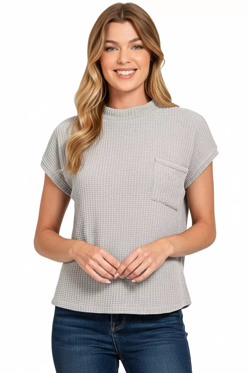 Zenana Chenille Waffle Short Sleeve Sweater H GREY OutfitFlow