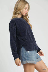 Umgee Round Neck Long Sleeve Side Slit Top OutfitFlow