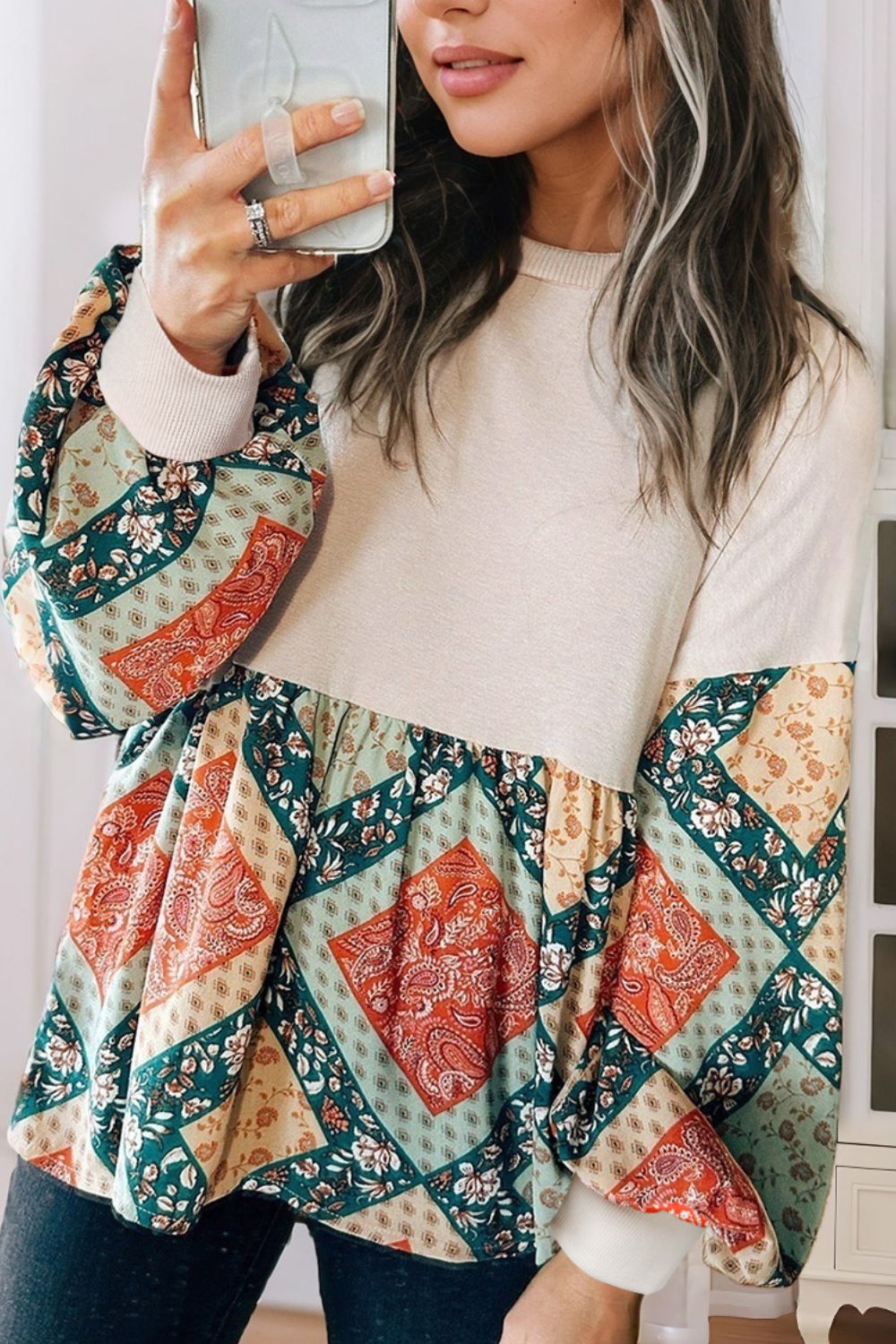 Printed Round Neck Long Sleeve Blouse OutfitFlow