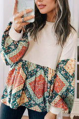 Printed Round Neck Long Sleeve Blouse OutfitFlow