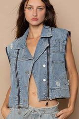 POL Cropped Denim Jacket with Functional Zipper Detail OutfitFlow