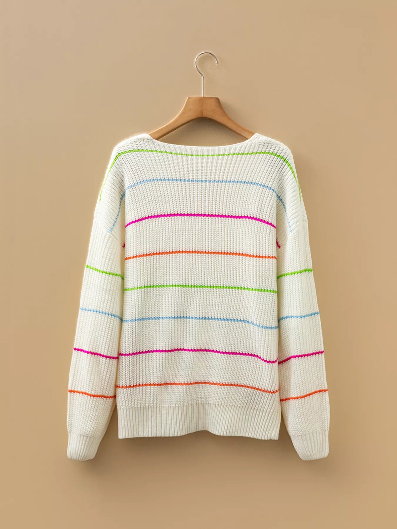 Colorful Striped Detail V Neck Drop Shoulder Baggy Sweater OutfitFlow