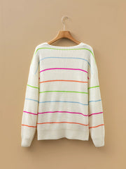 Colorful Striped Detail V Neck Drop Shoulder Baggy Sweater OutfitFlow