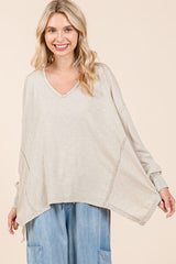 Mittoshop Mineral Wash V-Neck Long Sleeve Oversized Top OutfitFlow