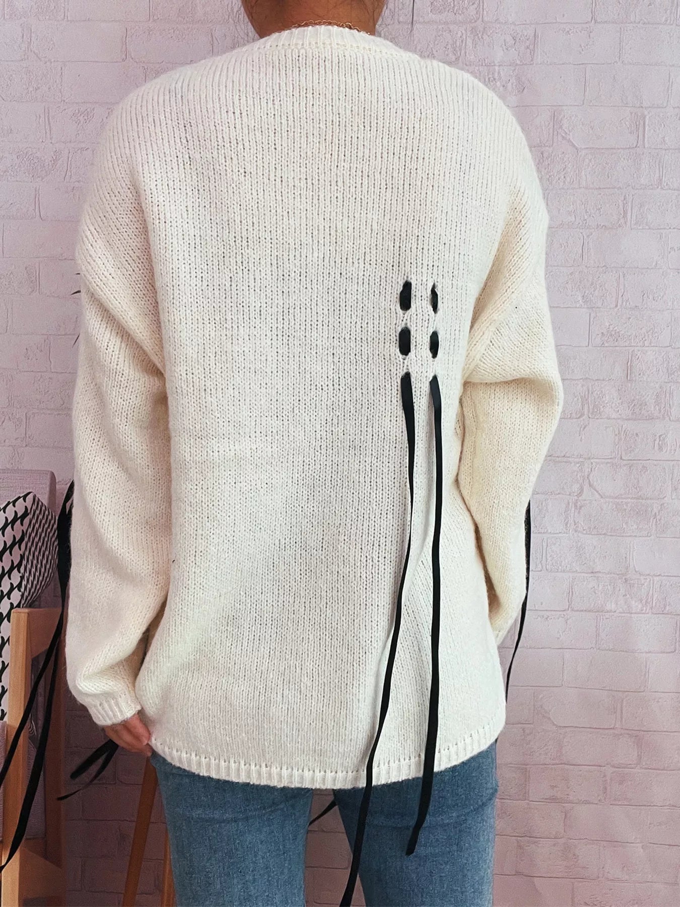Round Neck Long Sleeve Sweater with Ribbon Details OutfitFlow