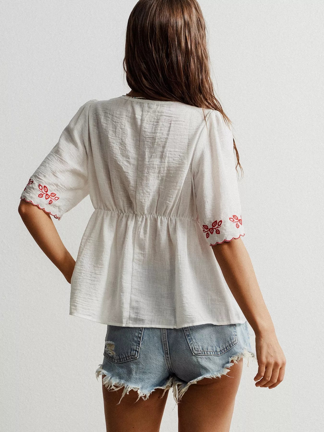 Embroidered Floral V-Neck Blouse OutfitFlow