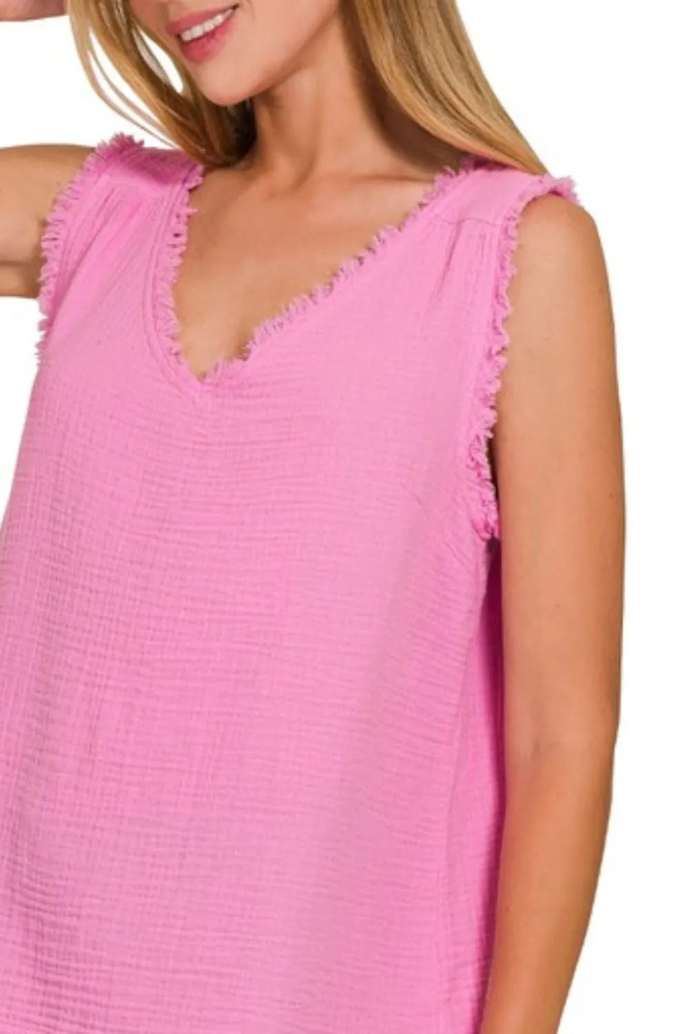 Zenana Double Gauze Raw Edge V-Neck Tank OutfitFlow