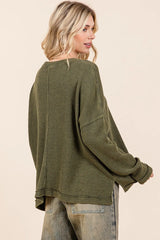 Mittoshop Mineral Wash Cutout Pocket Long Sleeve Waffle Top OutfitFlow