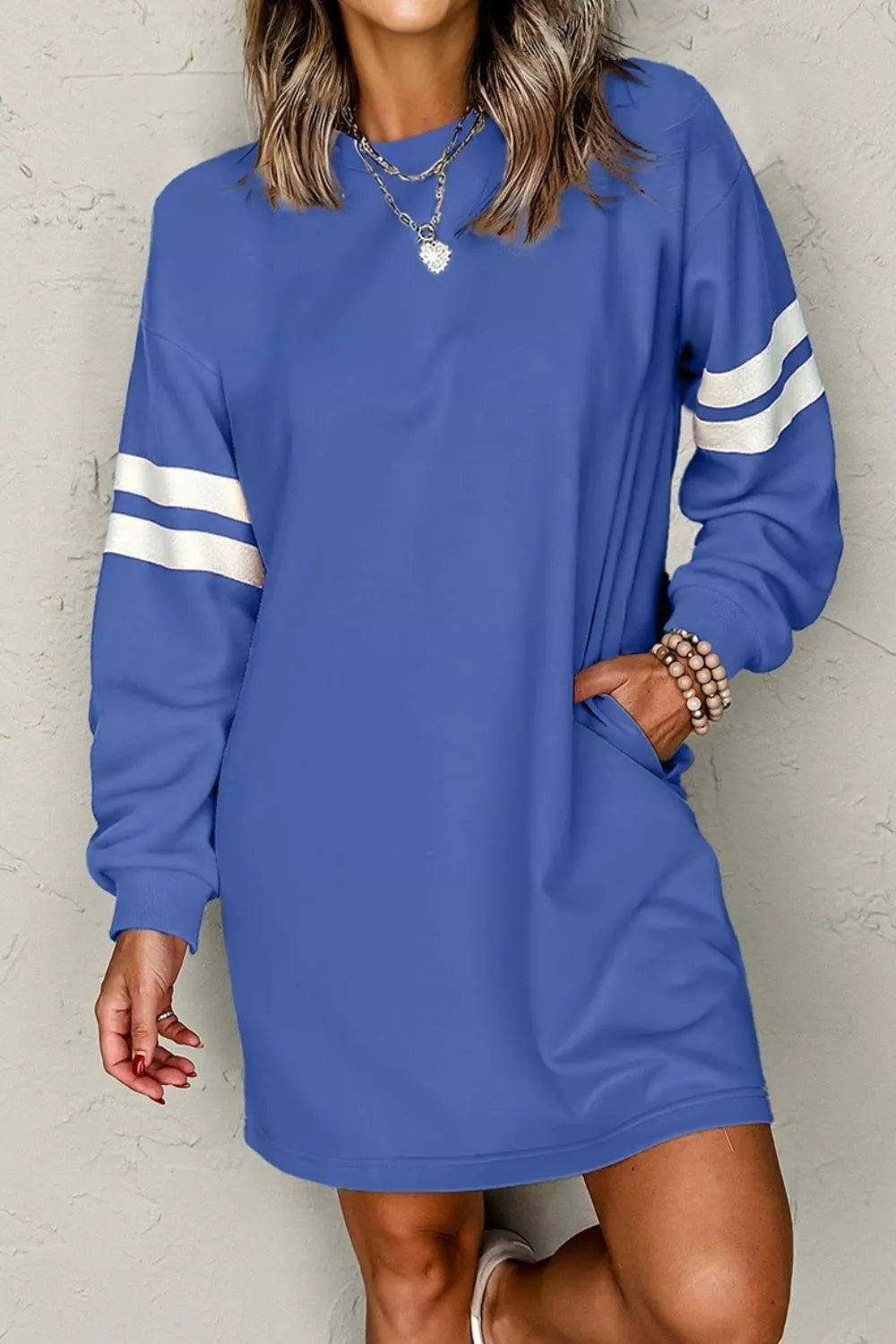 Stripe Long Sleeve Casual Sweatshirt Dress Dusty Blue OutfitFlow
