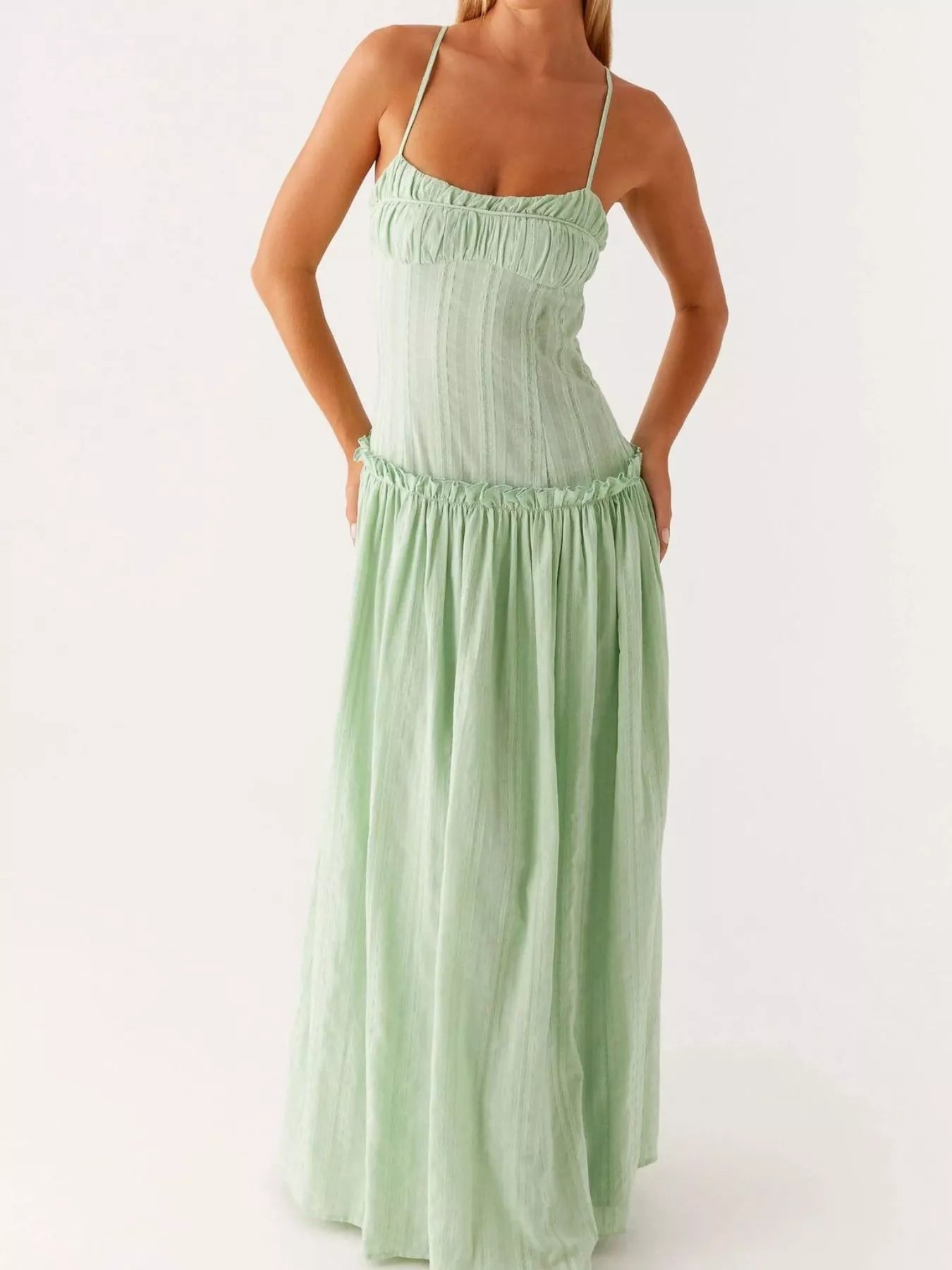 Frill Spaghetti Strap Maxi Dress OutfitFlow