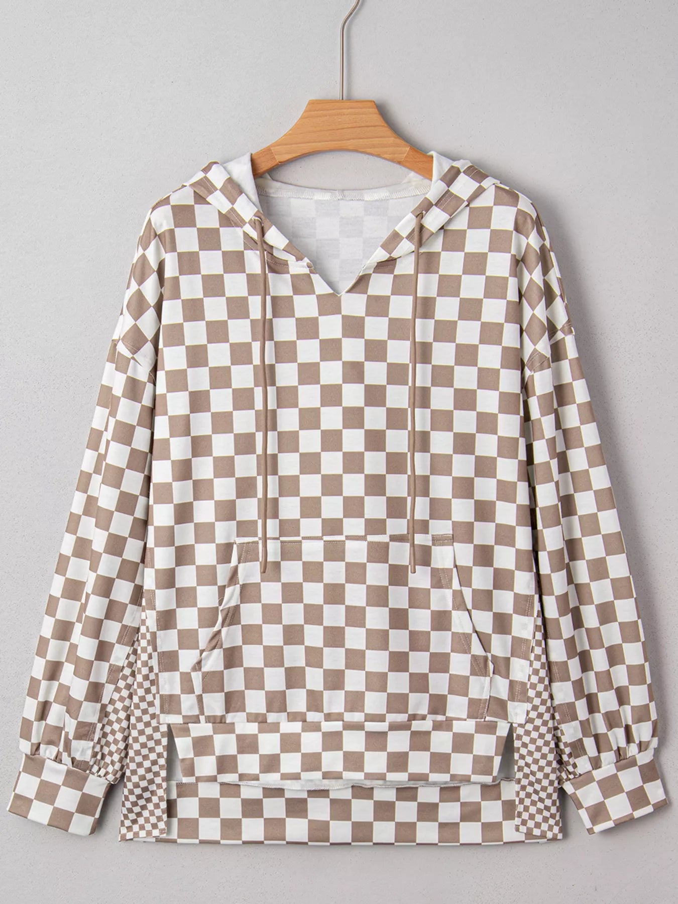 Checkered Pattern Oversized Drawstring Hoodie OutfitFlow