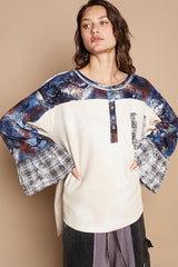 Outfit Flow - POL Round Neck Plaid Contrast Star Patch Blouse