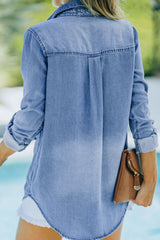 Pocketed Collared Neck Long Sleeve Denim Top OutfitFlow