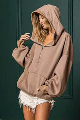 BiBi Stitch Detailed Elastic Hem Half Zip Fleece Hoodie OutfitFlow