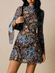 Floral Leopard Print Slit Sleeve Mini Dress Floral OutfitFlow