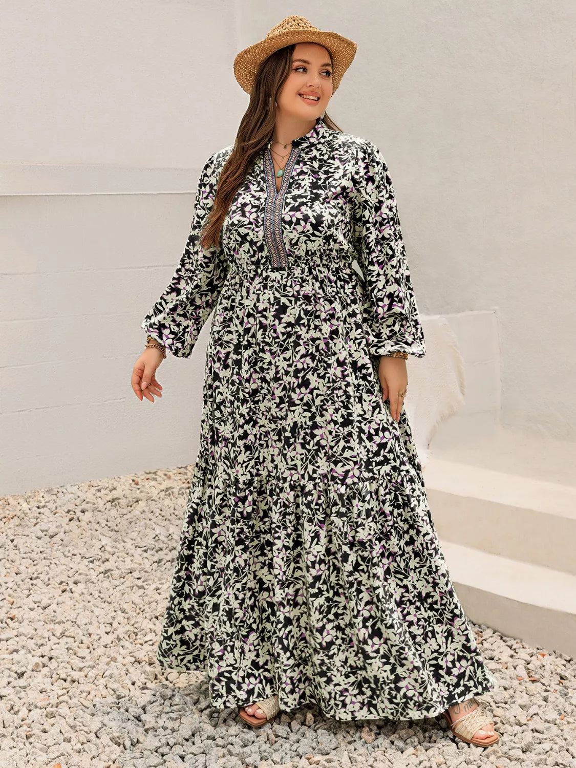 Plus Size Floral Print Long Sleeve Tiered Maxi Dress Trendsi
