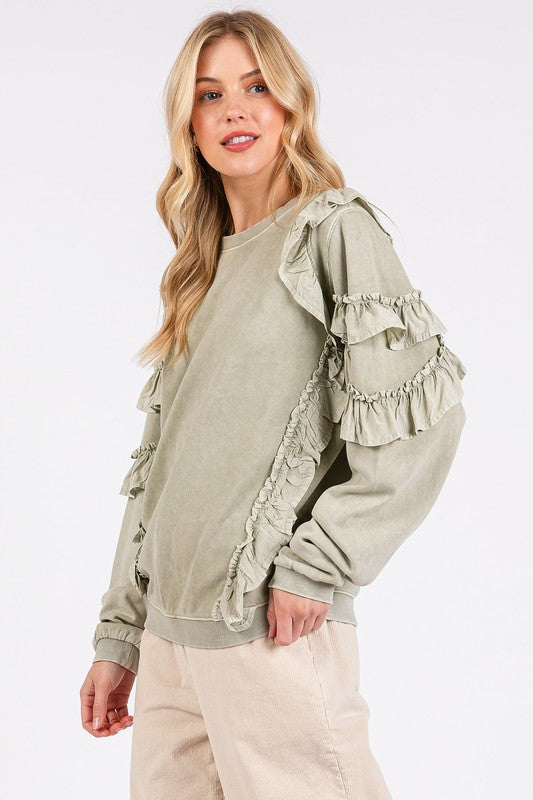 Mittoshop Ruffled Mineral Washed Round Neck Long Sleeve Sweatshirt OutfitFlow