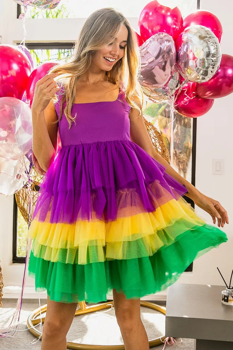 BiBi Mardi Gras Color Block Layered Mesh Tiered Dress OutfitFlow