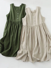V-Neck Button Detail Sleeveless Midi Dress OutfitFlow