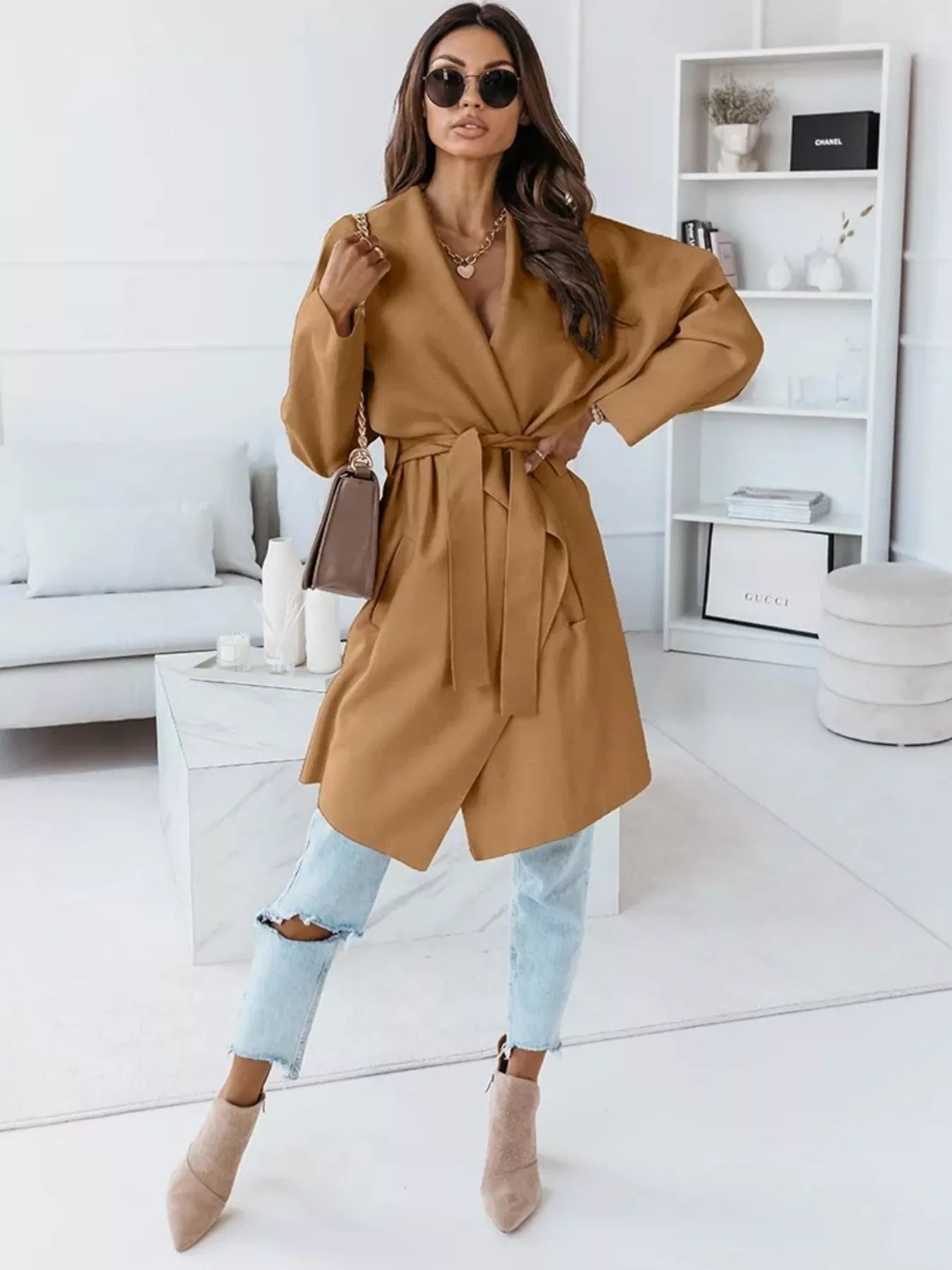 Tie Waist Long Sleeve Outerwear OutfitFlow