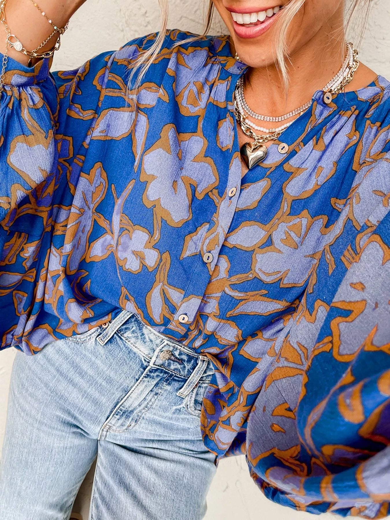 Floral Print Batwing Sleeve Buttoned Loose Fit Shirt OutfitFlow
