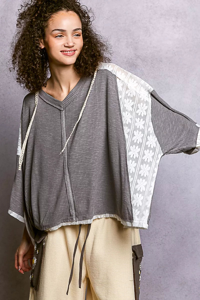 POL Short Sleeve Hoodie Top with Lace Detail OutfitFlow