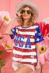 BiBi American Flag Theme USA Lettering Sequin Top OutfitFlow