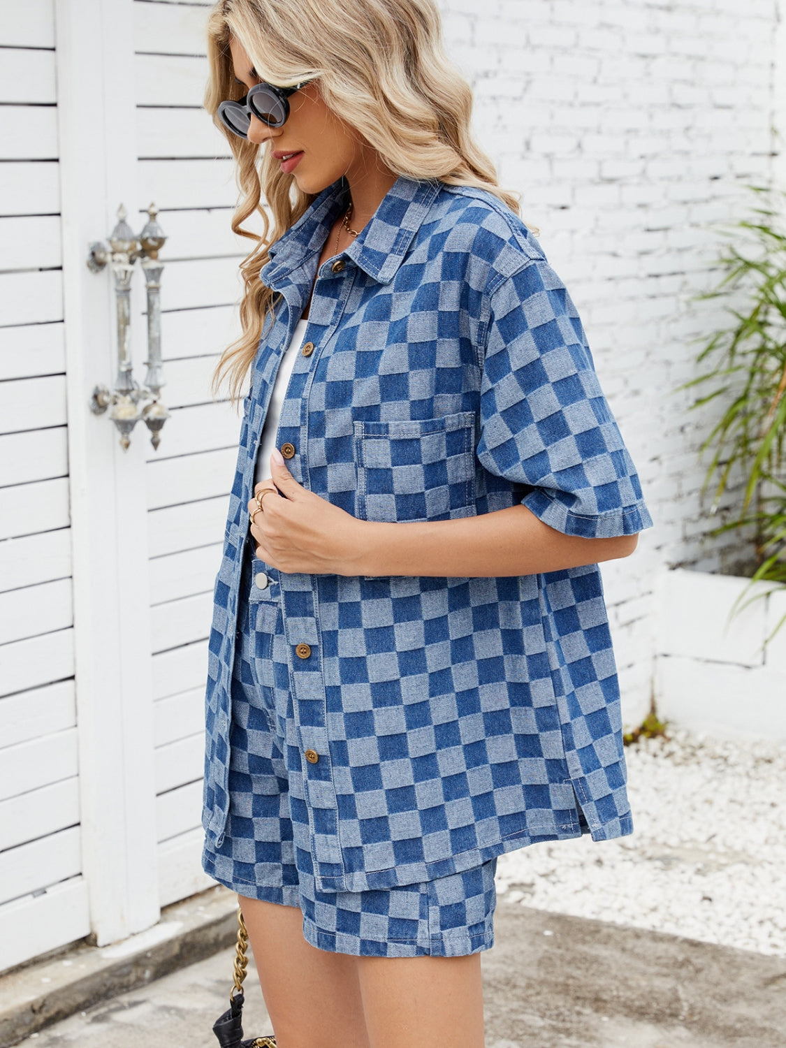 Checkered Shirt and Shorts Denim Set OutfitFlow