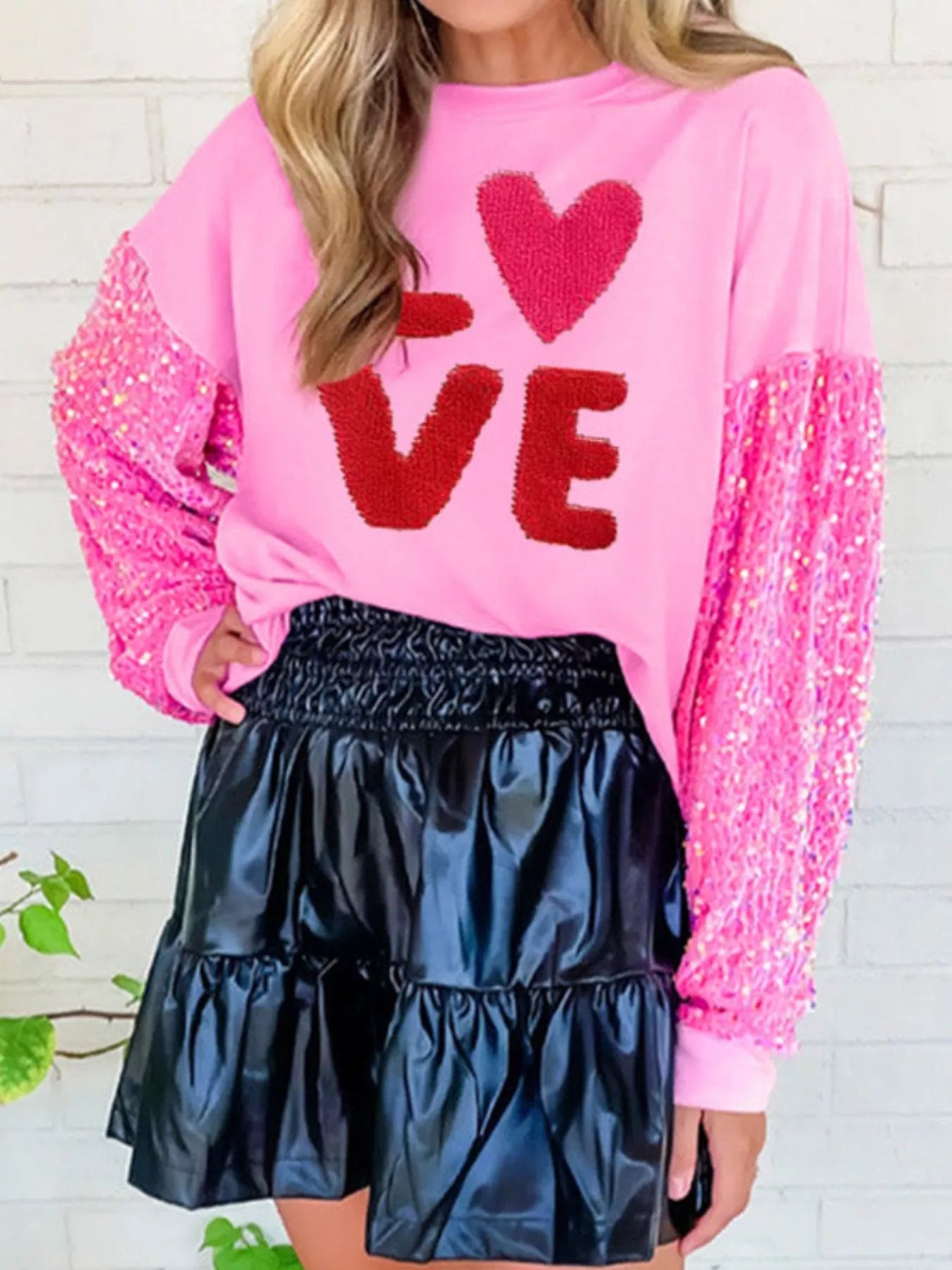Sequin Round Neck Long Sleeve Sweatshirt OutfitFlow
