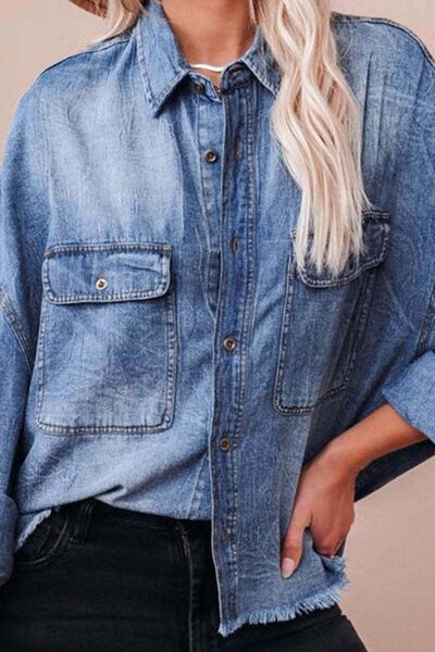 Collared Neck Raw Hem Long Sleeve Denim Shirt OutfitFlow