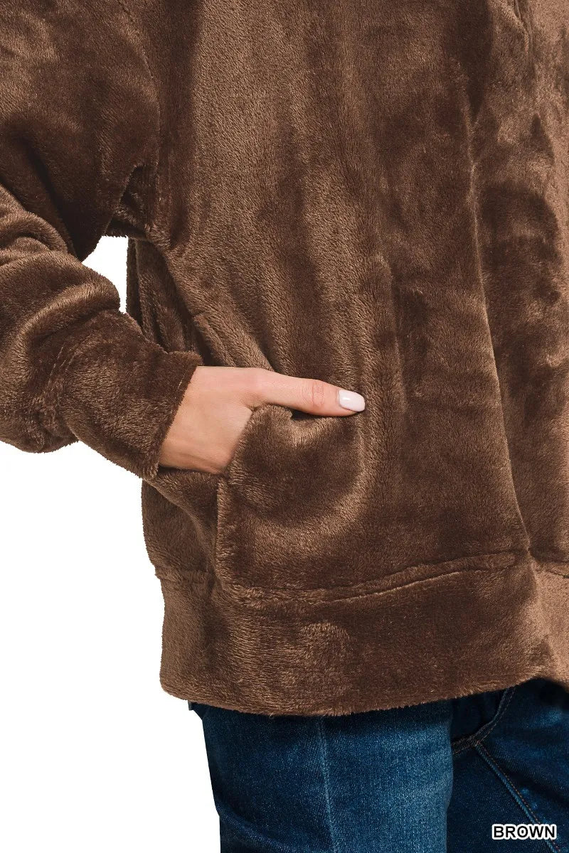 Zenana Faux Fur Half Zip Pocket Pullover OutfitFlow