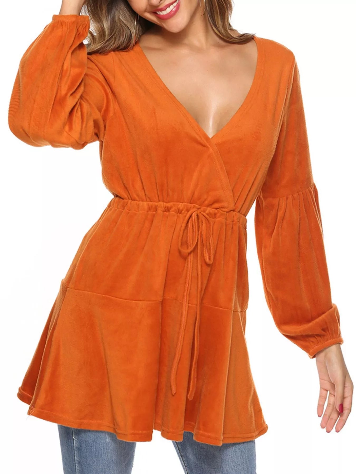 Velvet Long Sleeve Drawstring Blouse Trendsi