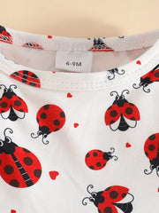 Children's Ladybug Print Ruffle Hem Top & Jeans Set with Headband Trendsi