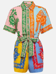 Printed Short Sleeve Tie Waist Romper OutfitFlow