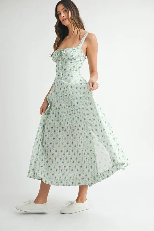 MABLE Floral Print Bustier Back Lace Up Midi Dress OutfitFlow
