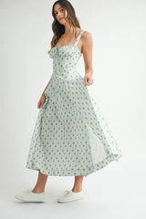 MABLE Floral Print Bustier Back Lace Up Midi Dress OutfitFlow