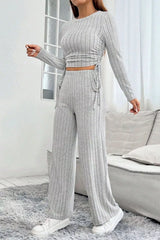 Ribbed Knit Long Sleeve Top & Wide Leg Pants Set OutfitFlow
